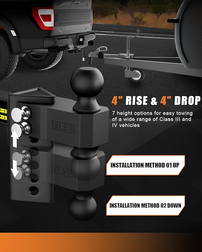 TIROL Adjustable Trailer Hitch - Fits 2'' Receiver 4 Inch Drop/Rise for Truck Hitch, 2'' & 2-5/16'' Ball Hitch, 22000 LBS GTW, Heavy Duty Towing Ball Mount, RVs, Campers, Boat Trailers