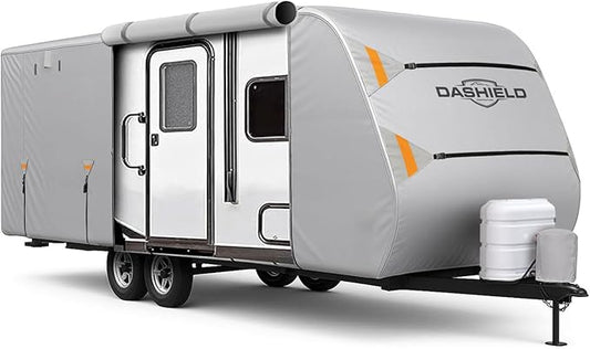 RV Cloud Travel Trailer Cover Fits 30'-32' Lightweight, Waterproof, Windproof, UV Protection, Breathable Air Vents, Durable Camper Cover with Tire Covers, RV Trailers