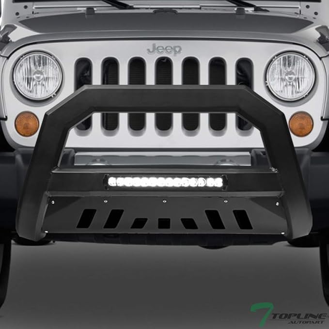 Matte Black AVT Style Aluminum LED Light Bull Bar Brush Push Front Bumper Grill Grille Guard with Skid Plate Compatible with 07-09 Jeep Wrangler JK