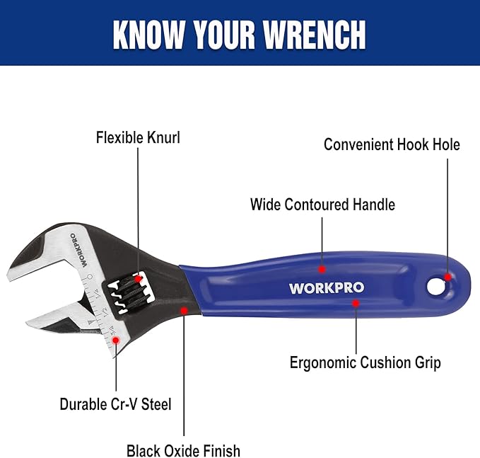 WORKPRO 6-Inch Adjustable Wrench, Wide Jaw Cr-V Steel Black Oxide Finish, for Medium-Size Bolts (M6–M16), Metric & SAE Scales, for Home, Garage, DIY & Workshop Use