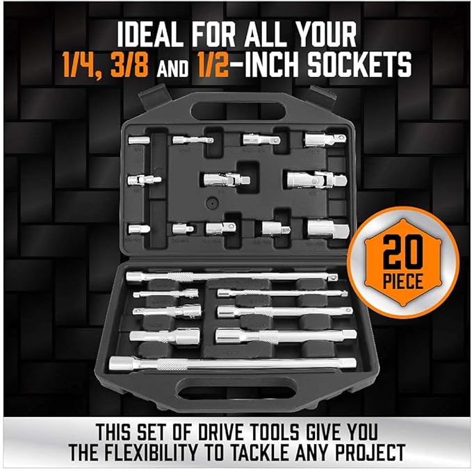 HORUSDY 20-Piece Socket Extension Bar Set, 1/4", 3/8" and 1/2" Drive Socket Extension Set, Universal Joint Socket, CR-V Steel