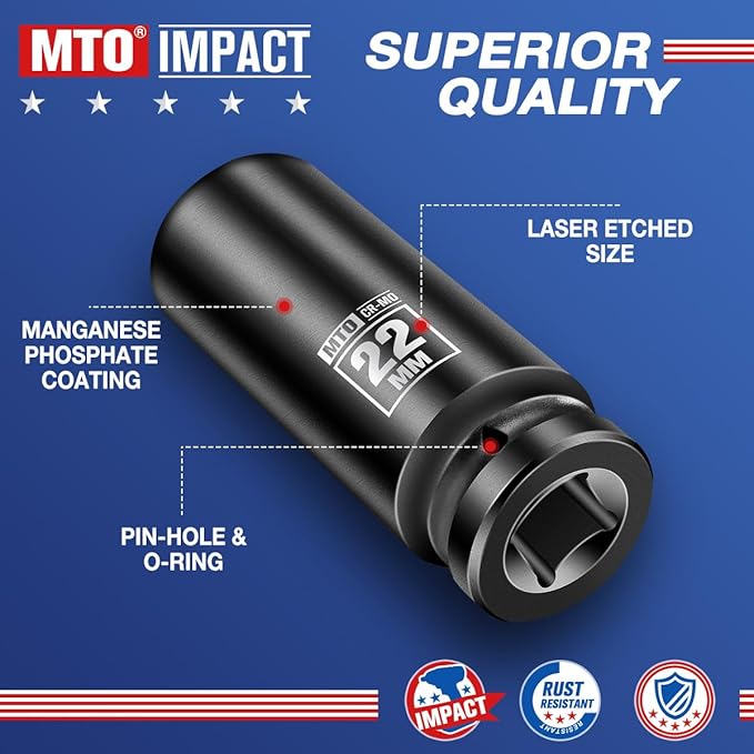 MTO 1/2" Drive 22mm Deep Impact Socket, 6 Pt. Metric Socket, CR-MO Steel & Anti-Corrosion Coating for Heavy-Duty Use