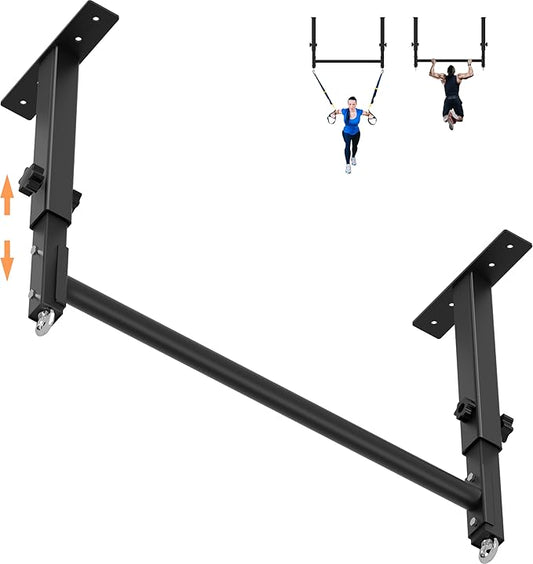 48" Ceiling Mount Pull Up Bar, Heavy Duty Multi-Grip Rafter Chin Up Bar for Garage/Basement/Backyard Ceiling Beam, Adjustable Height&Supports to 650 Lbs