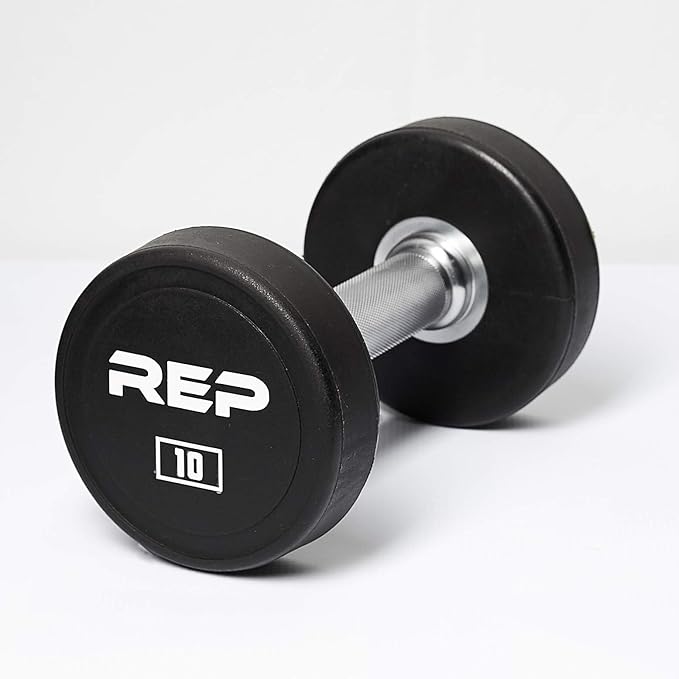 REP Fitness Urethane Coated Round Dumbbells, 5 to 100 lbs, Singles or Pairs, With or Without Rack, Steel Core, Rubber Encased, Chrome Handles, Professional Weights for Home Gym Strength Training