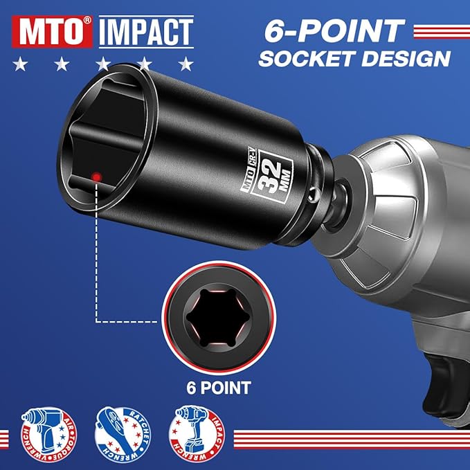 MTO 1/2" Drive 32mm Deep Impact Socket, 6-Point Metric Socket for Automotive Maintaince, CR-V Steel Meets ANSI Standards