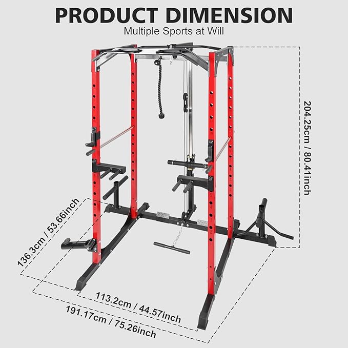 Power Cage Multi-Function Power Rack with Adjustable Cable Crossover System and More Training Attachment Weight Cage for Home Gym