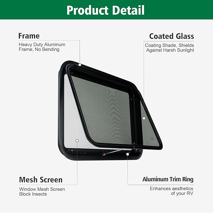 Dulepax RV Exit Window, 30'W x 22' H, Black Tinted Tempered Glass, RV Emergency Exit with Net Screen & Trim Ring