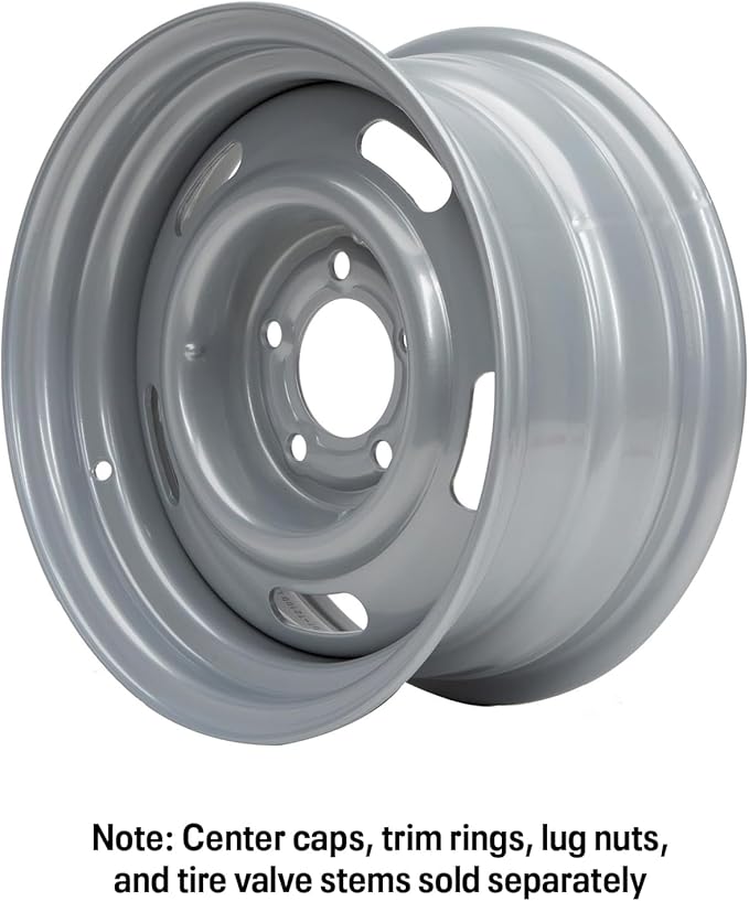 Speedway Motors GM Style 15 x 7 Inch Silver Steel Rally Wheel, 5 on 4.75 Direct-Fit Bolt Pattern, Rear-Wheel Drive Vehicle Only, 4.25” Wheel Backspacing, Sold Individually
