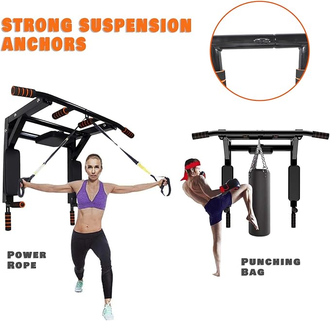Wall Mounted Pull Up Bar Chin Up bar Multifunctional Adjustable Dip Station for Indoor Home Gym Workout, Power Tower Set Training Equipment Fitness Dip Stand Supports to 440 Lbs (Black)