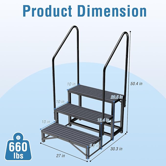 RV Steps with Handrail, 3 Steps RV Stair, Mobile Home Stairs for Camper, Trailer, hot tub, Steps with Non-Slip mat, 660lbs Capacity