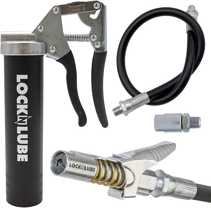 LockNLube Easy-Prime Pistol-Grip Grease Gun. Includes Our Patented Grease Coupler (Locks on, Stays on, Won't Leak!) Plus a 20" Hose and in-line Hose Swivel.