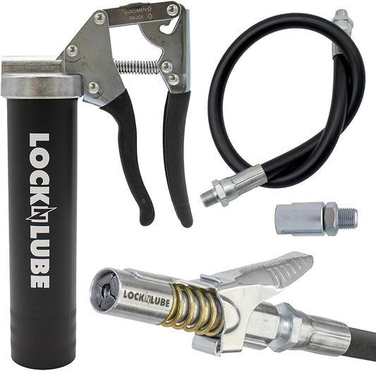 LockNLube Easy-Prime Pistol-Grip Grease Gun. Includes Our Patented Grease Coupler (Locks on, Stays on, Won't Leak!) Plus a 20" Hose and in-line Hose Swivel.