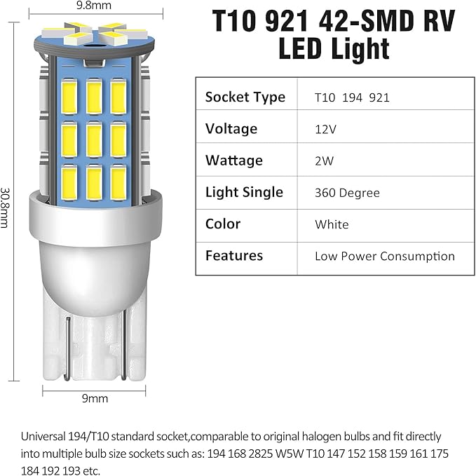 T10 921 194 168 175 LED Bulbs White 20-Packs, Super Bright 3014 42-SMD LED Replacement 12 Volt RV Camper Trailer Boat Trunk Interior Dome Map License Lights, Backup Reverse Lights