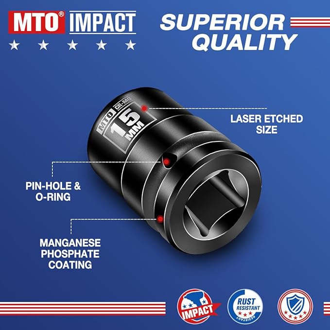 MTO 1/2" Drive 15mm Shallow Impact Socket, 6-Point Metric Socket, CR-MO Steel & Anti-Corrosion Coating for Tight Spaces and Heavy-Duty Tasks