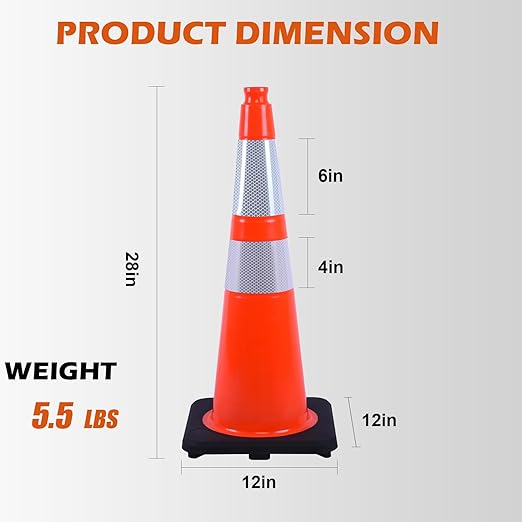 4 Pack 28" inch Orange PVC Traffic Safety Cones with Reflective Collars and Heavy Duty Black Rubber Base, Durable Cones for Parking Lots, Roadwork, Driveways and Event Use