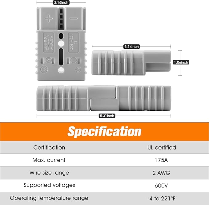 2 Pcs 2 Gauge 175 Amp Battery Quick Connect/Disconnect with Handle, Jumper Cable Plug Connector Kit for Recovery Winch, Towing Systems(Grey)