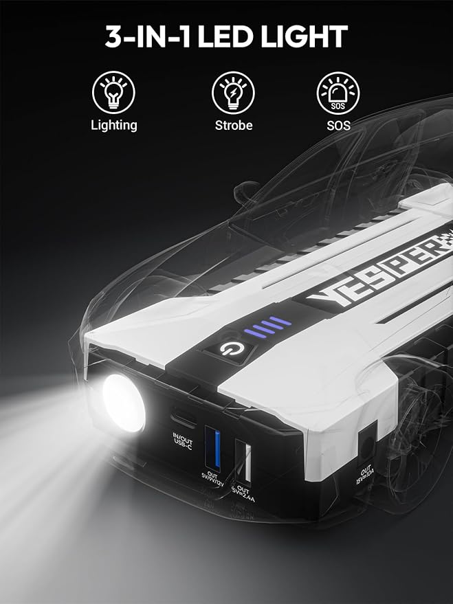 YESPER Battery Jump Starter Portable, 3000A Booster Pack Jump Box for 12V Car (Up to 10L Gas/8L Diesel Engine), Jumper Cables with DSLI Safe Tech, PD 15W Fast Charge & DC 15V Port