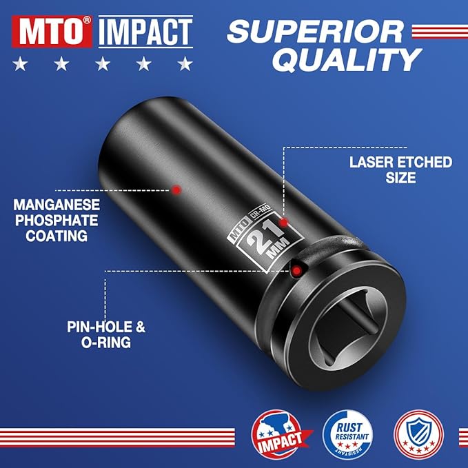MTO 1/2" Drive 21mm Deep Impact Socket, 6 Pt. Metric Socket, CR-MO Steel & Anti-Corrosion Coating for Heavy-Duty Use