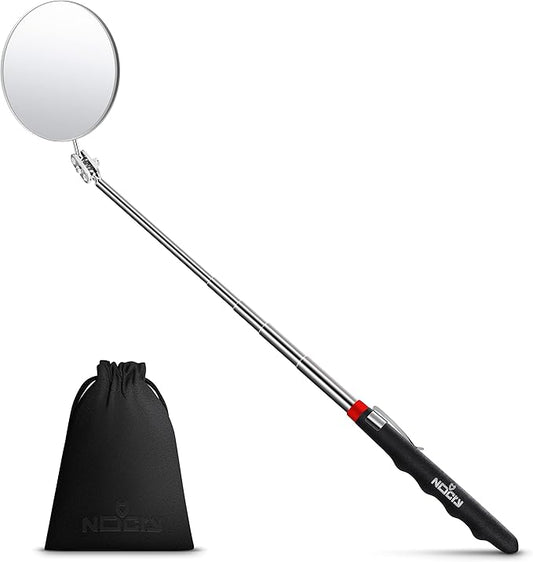 NoCry Heavy Duty Telescoping Inspection Mirror — 3.23 Inch Round Mirror on a Stick; 2-in-1 Storage Pouch; Extendable Mirror up to 30in; Non-Slip Handle; 360° Inspection Mirror Telescoping Swivel Head