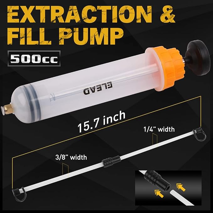 ELEAD 500cc Oil Fluid Extractor Pump, Multi-Purpose Oil Syringe, Fluid Syringe Extractor, Car Vacuum Fuel Transfer, Automotive Oil Syringe(17.6 Oz./0.45 Qt./500 CC)