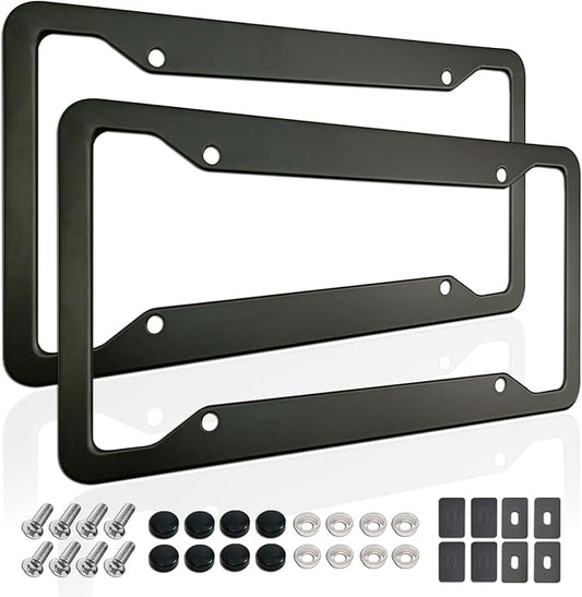 Black License Plate Frames- 2 Pack Aluminum Front & Rear Auto Car Tag Holder, Heavy Duty Bracket with Mount Hardware, Screws Caps, Rattle Proof Pads (Black
