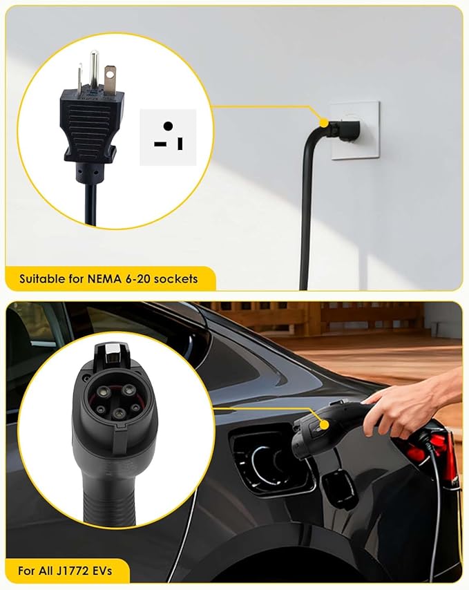 Portable Electric Vehicle Charger with 25FT Charging Cable, Compatible with Level 2 & 1 J1772 16A 120V 240V NEMA 6-20 Plug Indoor & Outdoor Car Charging Station