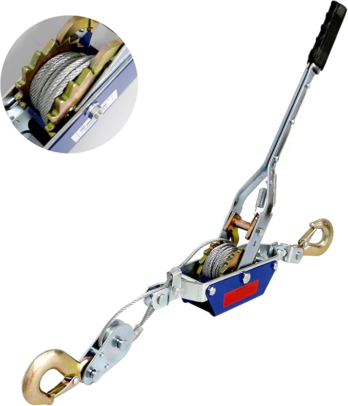 Come Along Winch - 4400 lbs/2T Pulling Capacity,12ft Steel Cable,2 Hooks,Dual Gear Power Puller,Automotive Hoist Cable Puller for Vehicle Rescue,Construction,Farm，Cable Winch Puller with Free Gloves