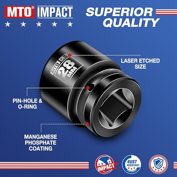 MTO 1/2" Drive 28mm Shallow Impact Socket, 6-Point Metric Socket for Automotive Maintaince, CR-V Steel Meets ANSI Standards