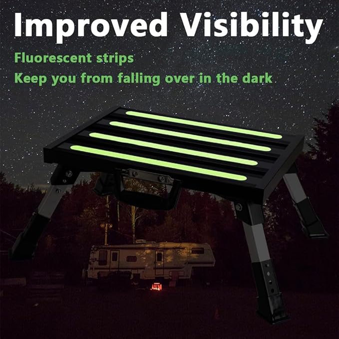 Aluminum RV Steps, 4-Level Adjustable Folding Step Stool with Non-Slip Rubber Feet, Non-Slip Fluorescent Strip Platform Rv Accessories, Supports Up to 1000 lbs - Black