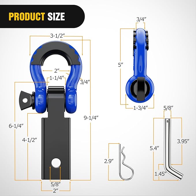 Nilight Shackle Hitch Receiver 2Inch 45000 LBs Breaking Strength 3/4" D Ring Trailer Pin Heavy Duty Solid Recovery Towing Kit for Trucks Jeeps Off-Road