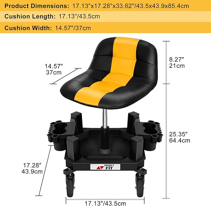 Rolling Shop Stool with Wheels, Adjustable Garage Mechanic Stool Seat Shop Roller Work Chair Mobile Rolling Seat with Tool Tray, 2 Cup Holders, 4" Casters, 350 LBS, Heavy-Duty,Yellow