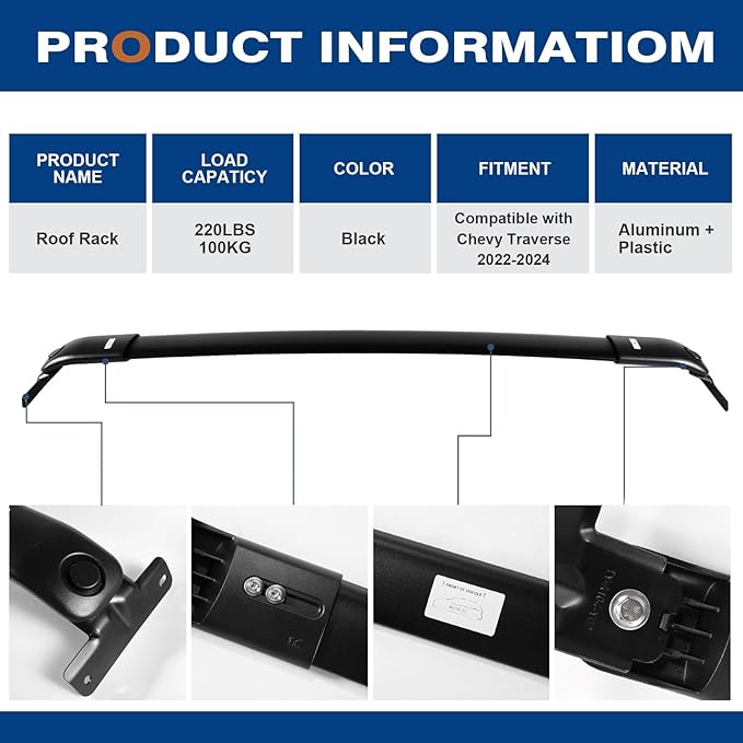 220lbs Roof Rack Cross Bars Compatible with Chevy Chevrolet Traverse 2022 2023 2024 2025 2026, Heavy Duty All-Metal Aluminum Roof Rails Crossbars Cargo Canoe Black