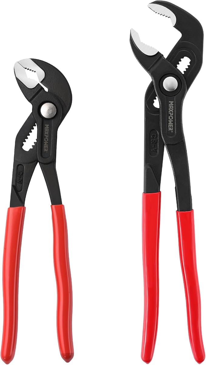 MAXPOWER 2 Pieces Tongue and Groove Pliers, 10 inch 12 inch Water Pump Pliers with 1.4" and 1.6" Jaw Capacity, Push Button Quick Adjust V Jaw Plier