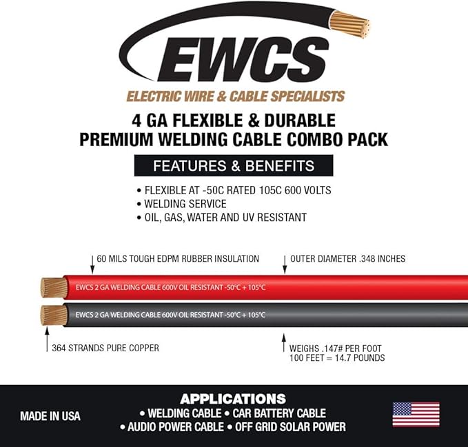 EWCS 4 Gauge Premium Extra Flexible Welding Cable 600 Volt 10 Feet Each Black+Red