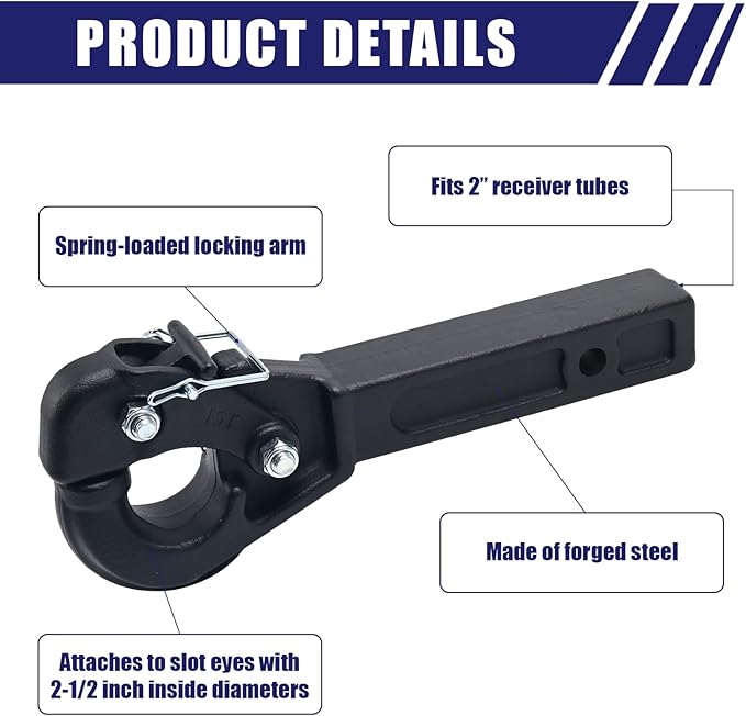 Jextra Pintle Hitch 15 ton Suitable for 2 Inch Pintle Hitch Receiver and Hitch Receiver Pin Lock Black Powder Coat 33000LB