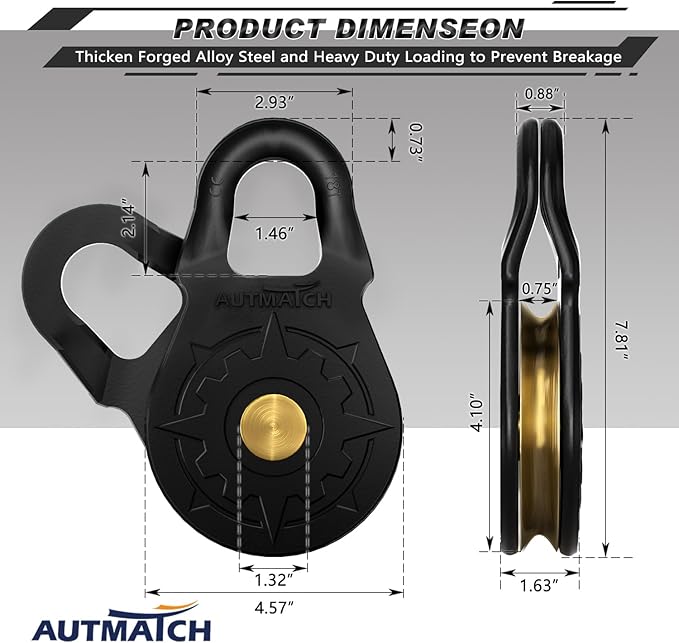 AUTMATCH Winch Snatch Block 18 Ton - Winch Pulley (79,366 Lbs) Break Strength, Heavy Duty Off Road Recovery Towing Pulley Blocks for Synthetic Rope or Steel Cable, Truck, UTV, ATV, Matte Black