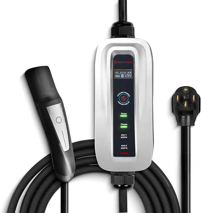 Splitvolt Level 2 Adjustable EV Charger 240v, 26 ft Cable, NEMA 14-50, Adjustable up to 40 Amps Live LCD Screen Time Delay Start Function, NEC Fast 50A Circuit Charging J3400 NACS Plug