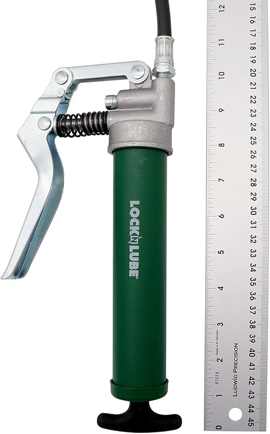 LockNLube Mini Grease Gun Kit. Includes Our Patented Grease Coupler (Locks on, Stays on, Won't Leak!) Plus a 12 Hose and in-line Hose Swivel.