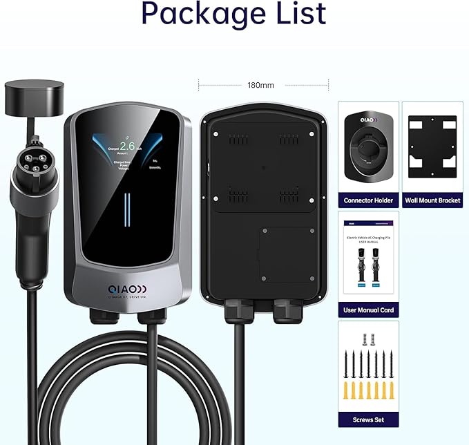 QIAO Level 2 EV Charger Hardwired, Home Charging Station UP to 48A, 240V with Smart APP & Scheduled Charging, J1772 Compatible for All EVs/PHEVs, 25ft Cable, 4.3in Display, IP65 Waterproof