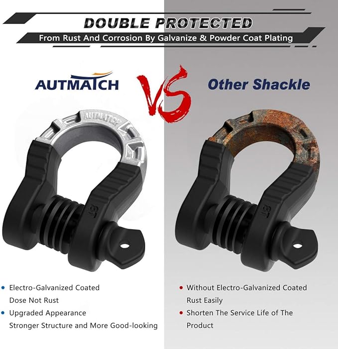 AUTMATCH D Ring Shackles 3/4" Mega Shackle (2 Pack) 68,000Ibs Break Strength - Heavy Duty Clevis Shackles 7/8" Screw Pin & Isolator Washer for Tow Strap Winch Off Road Vehicle Recovery, Matte Black