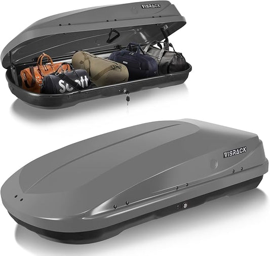Gray Rooftop Cargo Box Carrier Large 13 Cubic Feet Car Top Mount Travel Luggage Storage, Dual Side Opening, Roof Cargo Boxes Waterproof Rooftop Storage Box Extra Keys, Straps