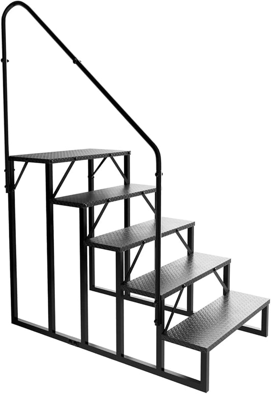 RV Steps with Handrail, Hot Tub Steps Outdoor, 5 Step Ladder Stool, RV Stairs with Anti-Slip Panel, Camper Steps for Spa, Travel Trailers, Pool and Porch