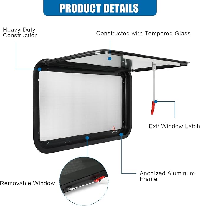 2 Pack RV Exit Window, 36" W x 22" H Tinted RV Window with Net Screen and Trim Ring, Suitable for 1-1/2" or 2" Walls, DOT Approved