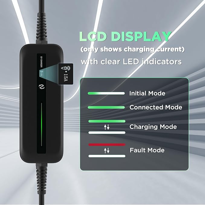 Level 1 EV Charger, Portable EV Charger with 25ft Extension Cable, Nema 5-15 Plug 110V 15A, for SAE J1772 EVS and PHEVS