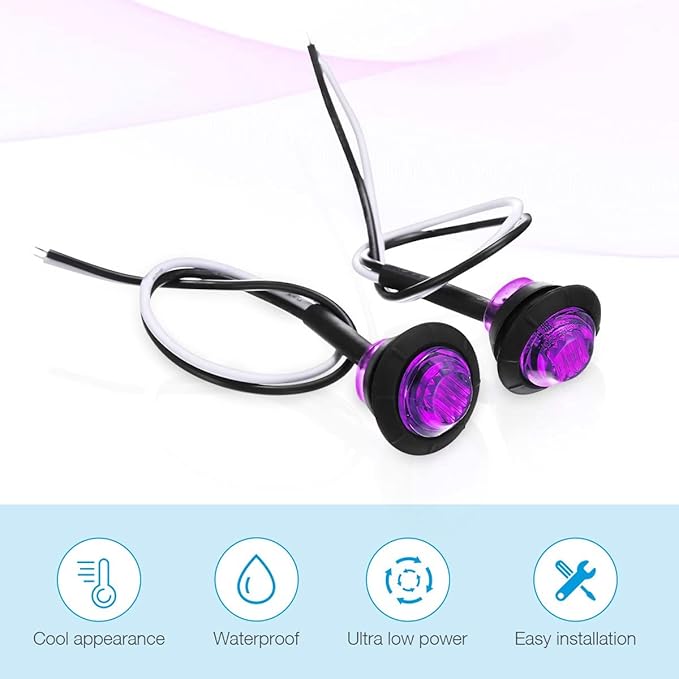 KEING 10 Pack Sealed Waterproof Mini Round 3/4 Inch Purple LED Marker Lights Signal Light 12V for Trailer Truck Bus Pickup Van ATV RV Lorry Caravan, 5 Years Warranty