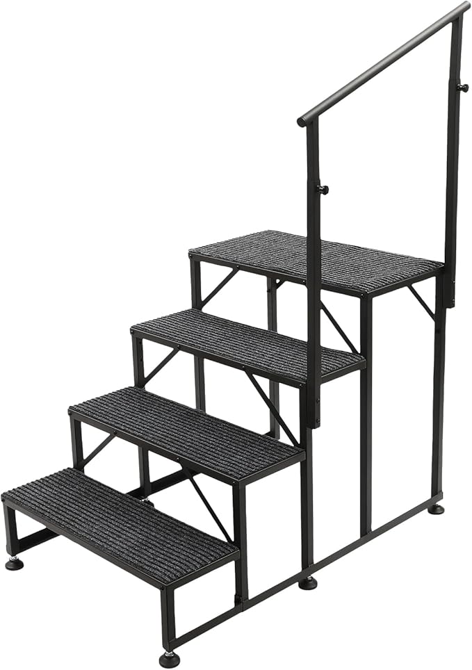Updated Hot tub Steps & RV Steps with Single Side Handrail, 4 Steps Mobile Home Stairs Steps with 4Pcs Anti Slip Step Mats Heavy Duty Stairs for Travel Trailer, Motor Home, Camper