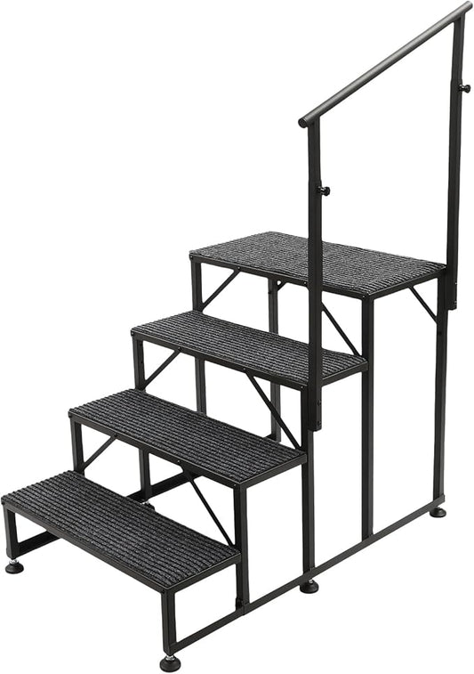 Updated Hot tub Steps & RV Steps with Single Side Handrail, 4 Steps Mobile Home Stairs Steps with 4Pcs Anti Slip Step Mats Heavy Duty Stairs for Travel Trailer, Motor Home, Camper