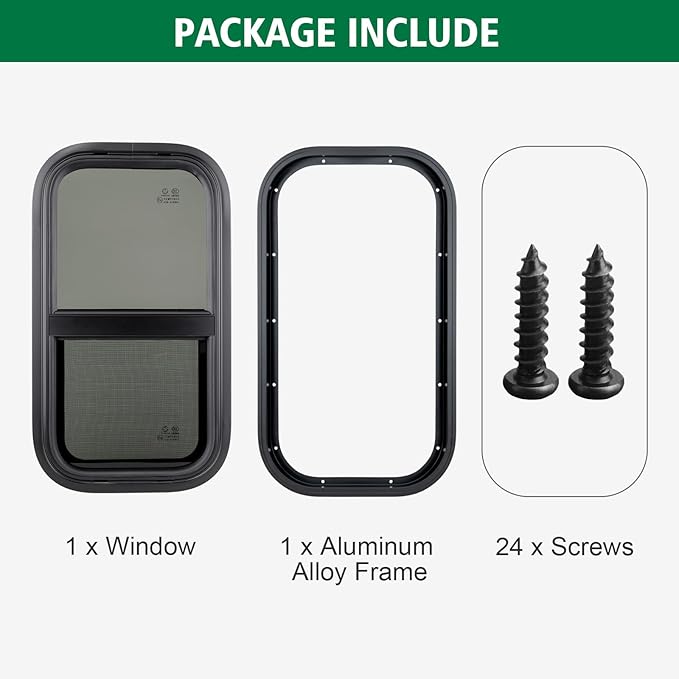 Dulepax Vertical RV Window, 12" W x 24" H Tinted Slide Trailer Window, Tempered Glass Camper Window Replacement with Net Screen and Trim Ring, DOT Approved