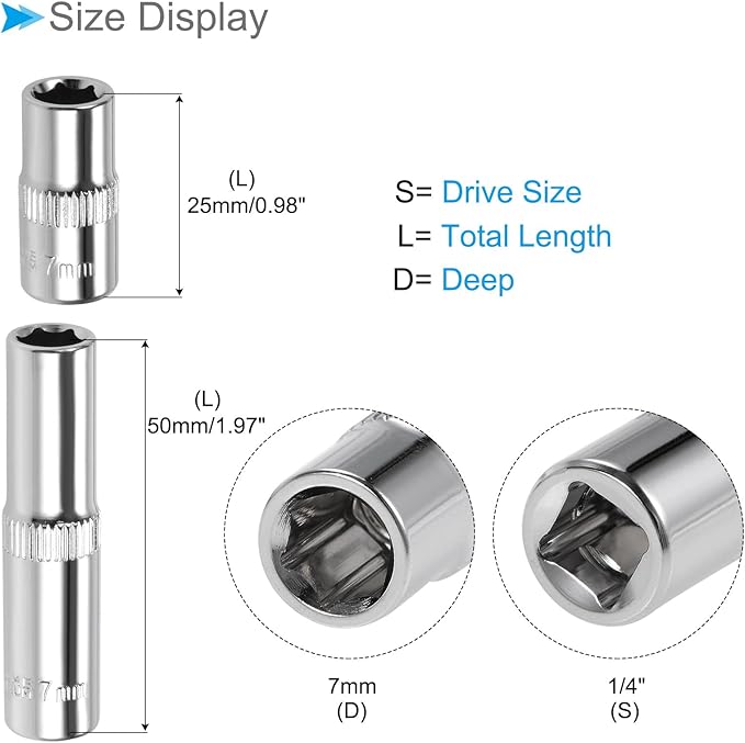 6-Point Socket, 1/4" Drive 7mm Deep, Polished Chromed CR-V Metric Deep and Shallow Impact Socket - (Applications: for Ratchet Torque Electric Wrenches Car Repair), 2-Pieces