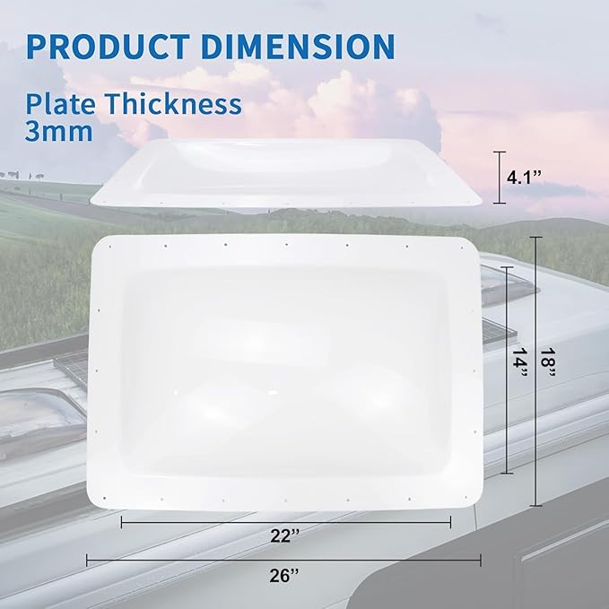 RV Skylight Replacement Cover 18”x26” Fitting 14" x 22" Rectangle UV Resistant Shatterroof for Camper Trailer Roof Skylight, Isolate Excess Heat, Universal Outer Dome